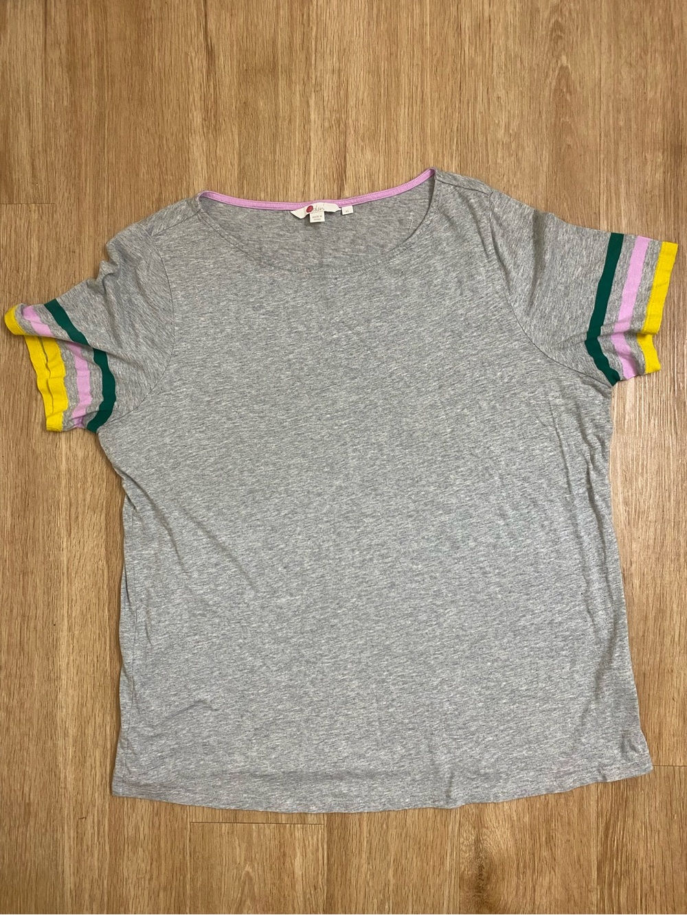 Boden Gray Tee with Pink, Green and Yellow Striped Sleeve Bands